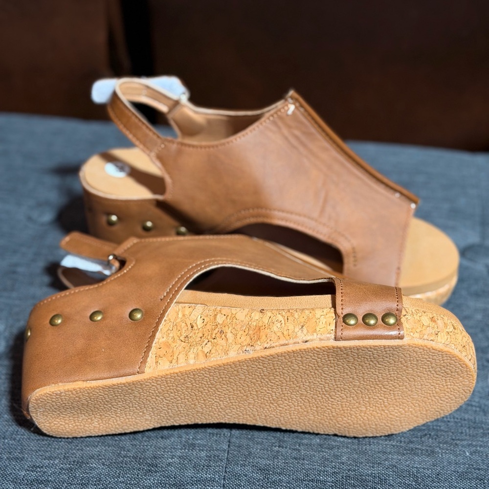 Womens Tan Open-Toe Slingback Cork Wedge Sandals - Picture 3 of 6
